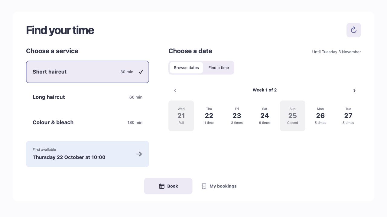 English Find your time booking website in the shared purple palette