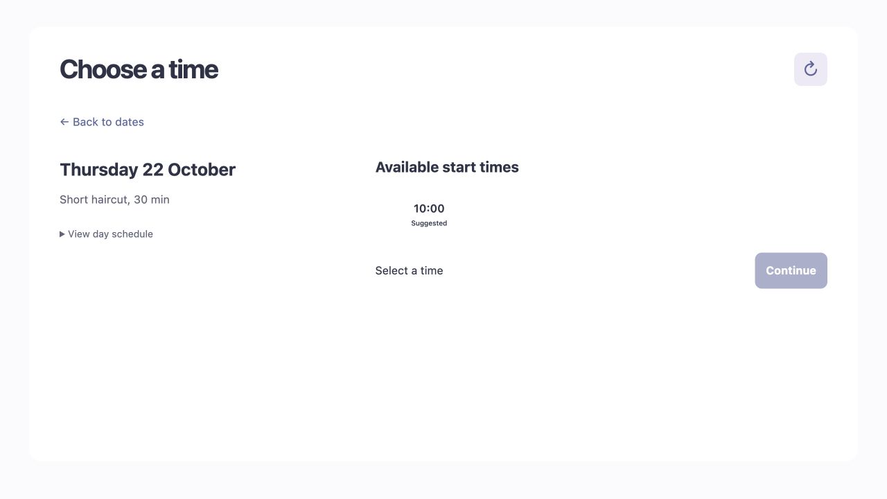 English time selection interface in the shared purple palette showing the selected service and available start times