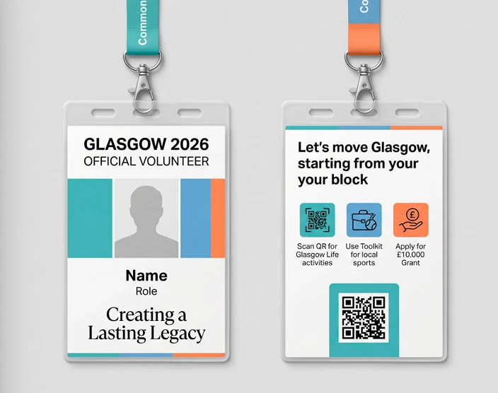 Glasgow 2026 volunteer badge with QR links to local activities, a toolkit and grant information