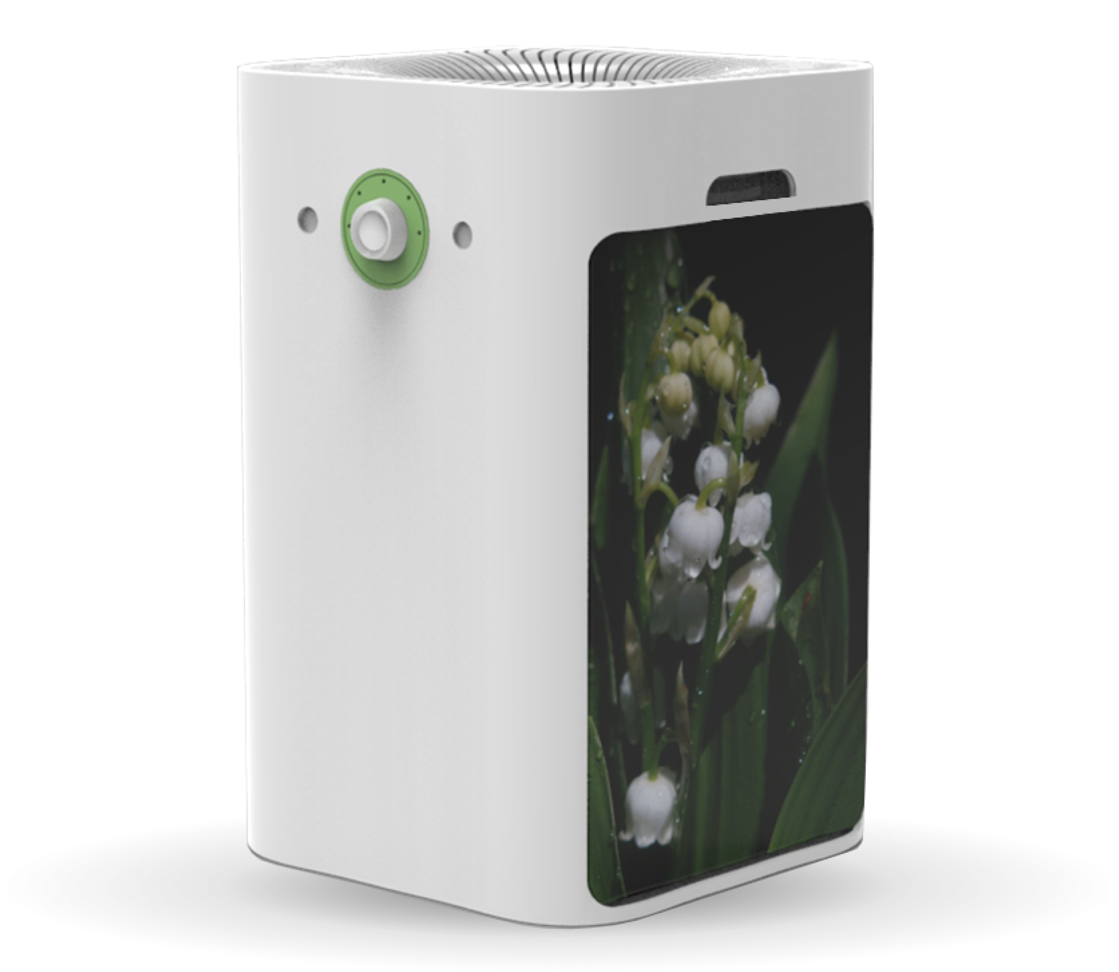 A white air purifier concept with a plant display