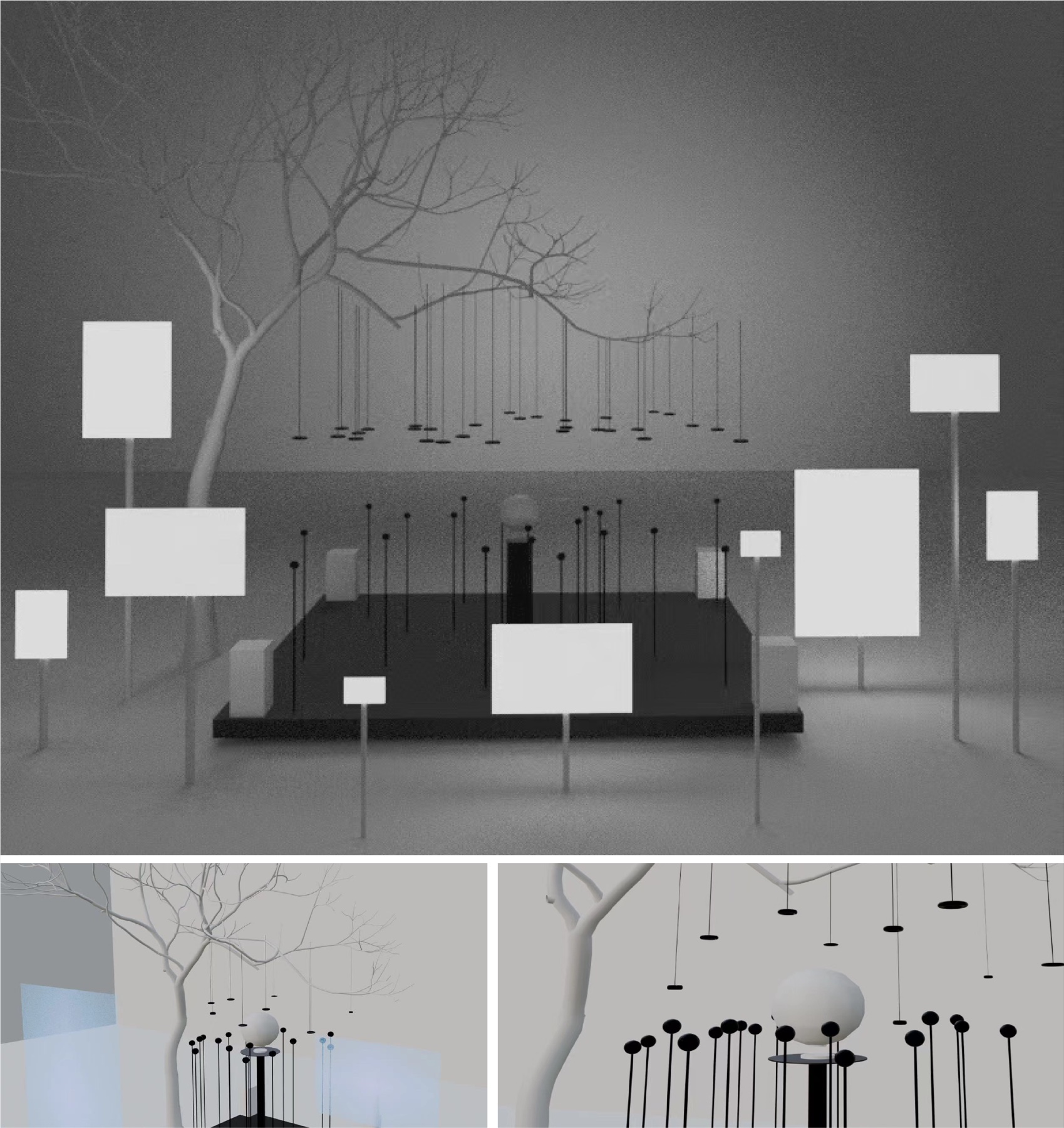 Monochrome 3D studies of the proposed interactive installation