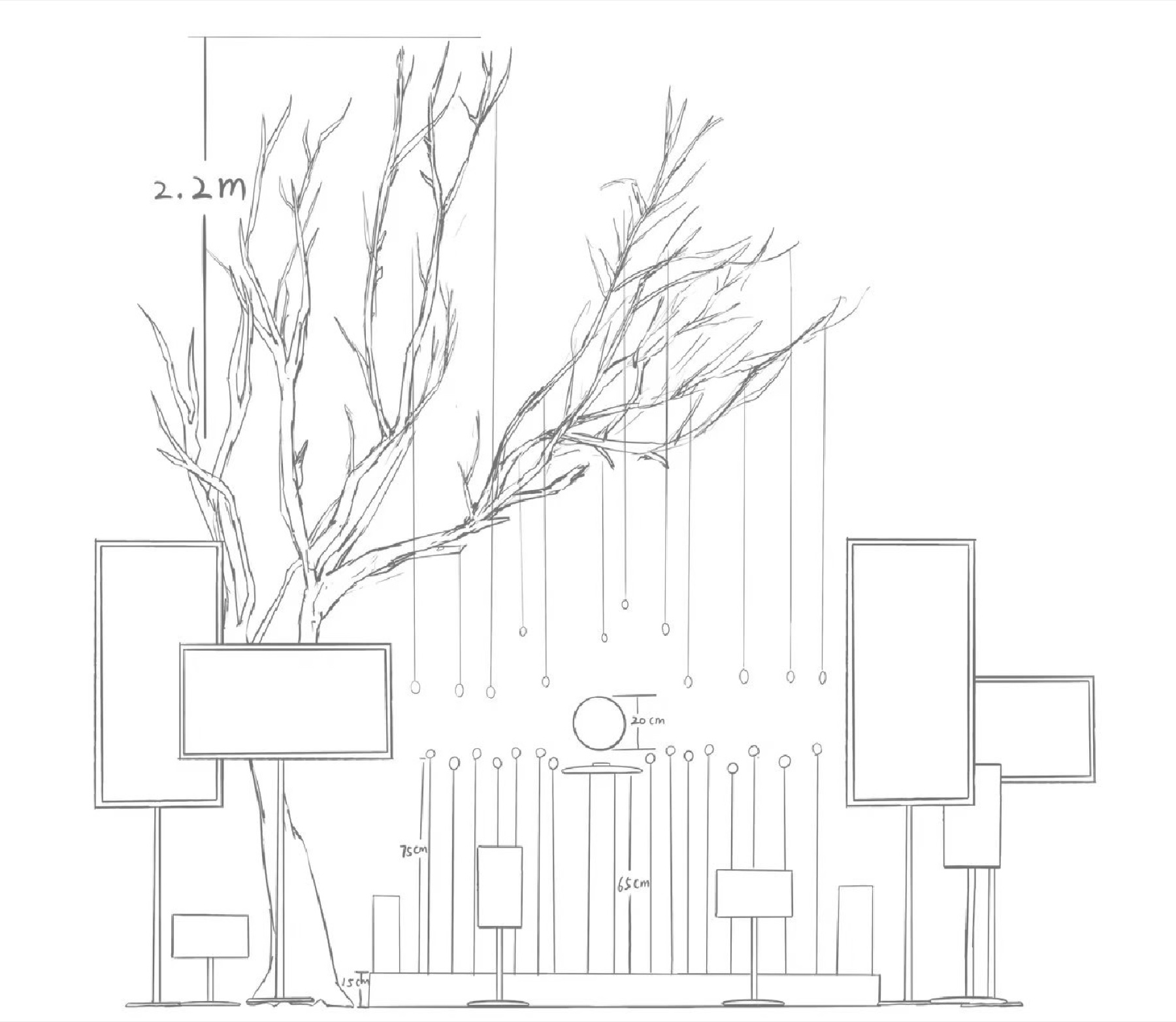 Scale sketch showing the tree, central sphere, hanging rings and screen positions