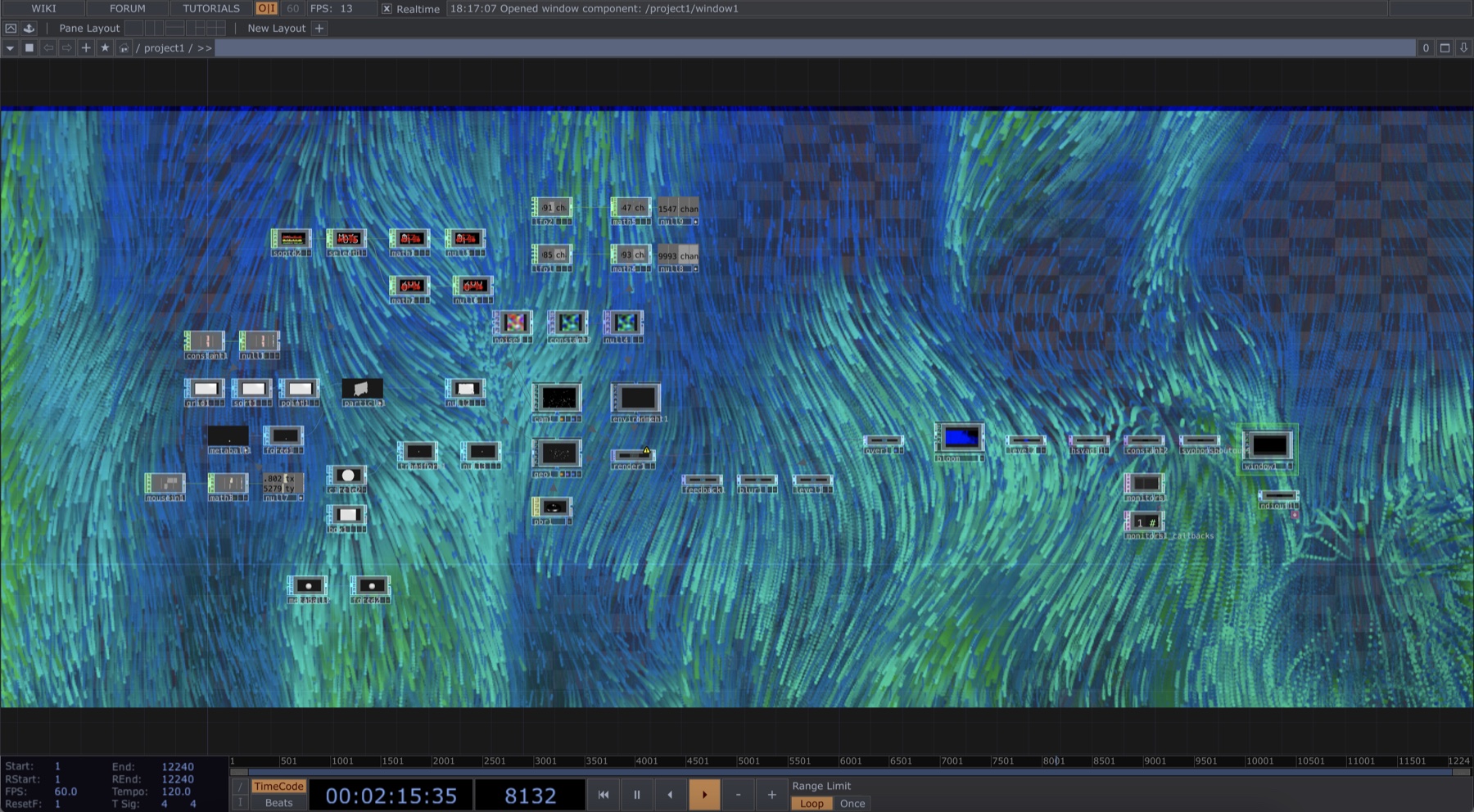 TouchDesigner node network over a blue and green particle field