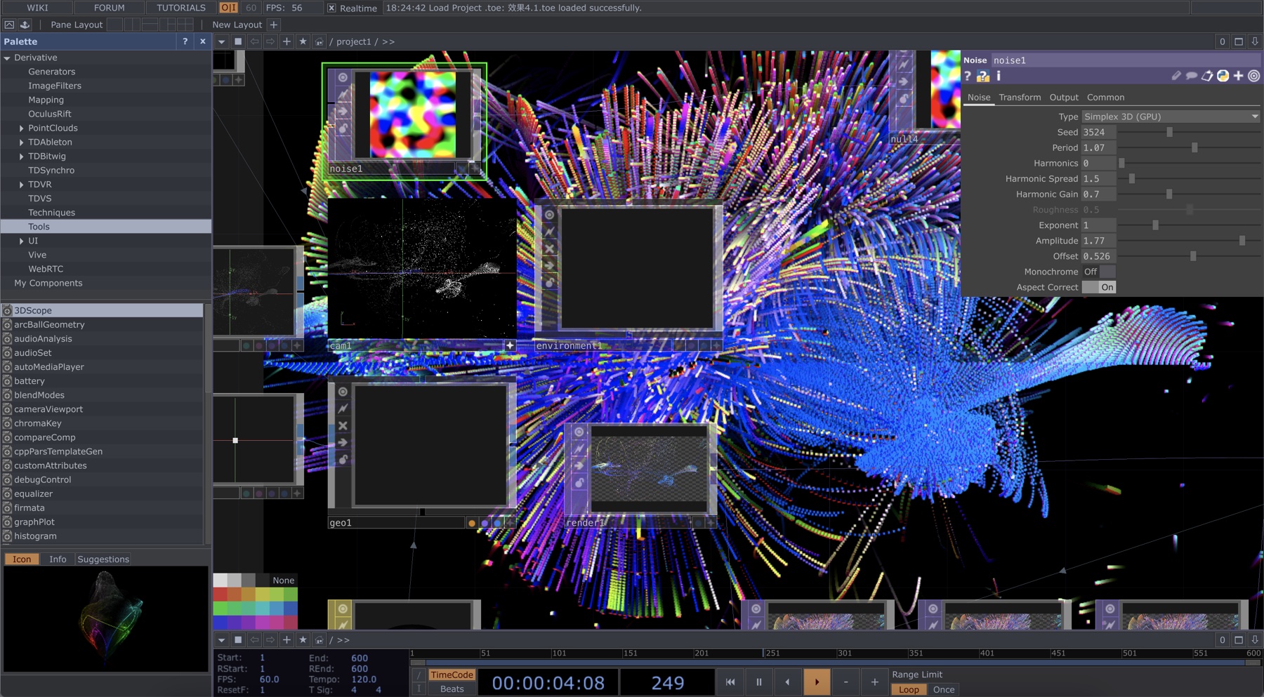 TouchDesigner noise controls and a multicolour particle test