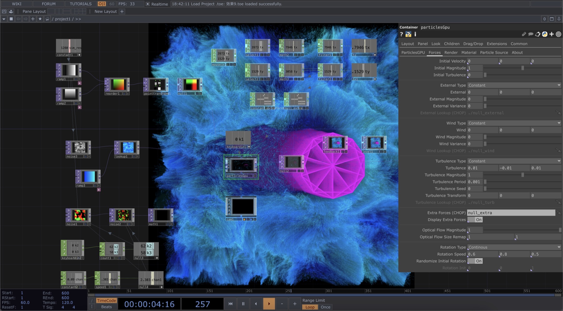 TouchDesigner particle force controls with a blue and magenta field