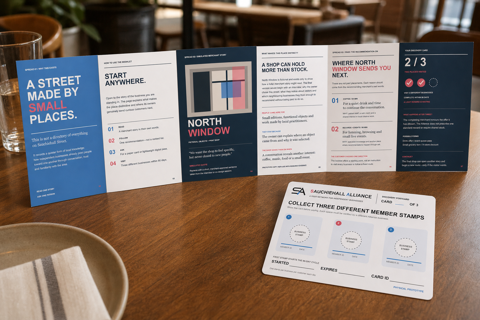 Printed Sauchiehall Alliance booklet and postcard prototype