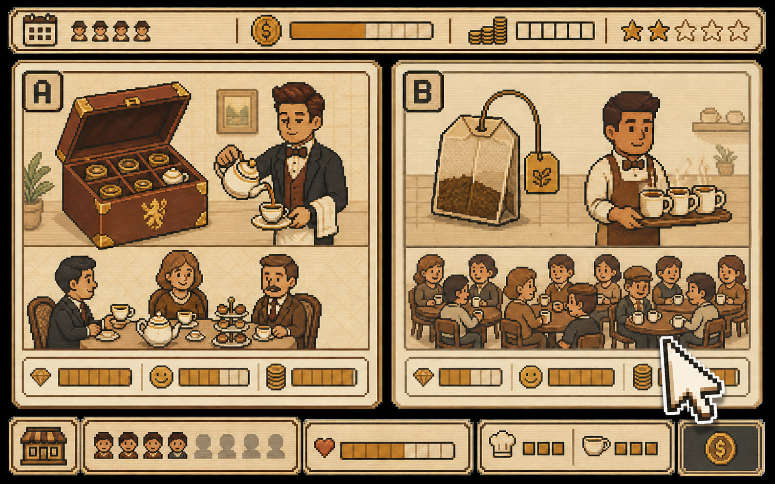 Pixel-art hospitality decision game with a large arrow cursor choosing between two tea service models